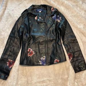 Women’s Faux Black Leather Embroidered Biker Jacket by Blue Rain